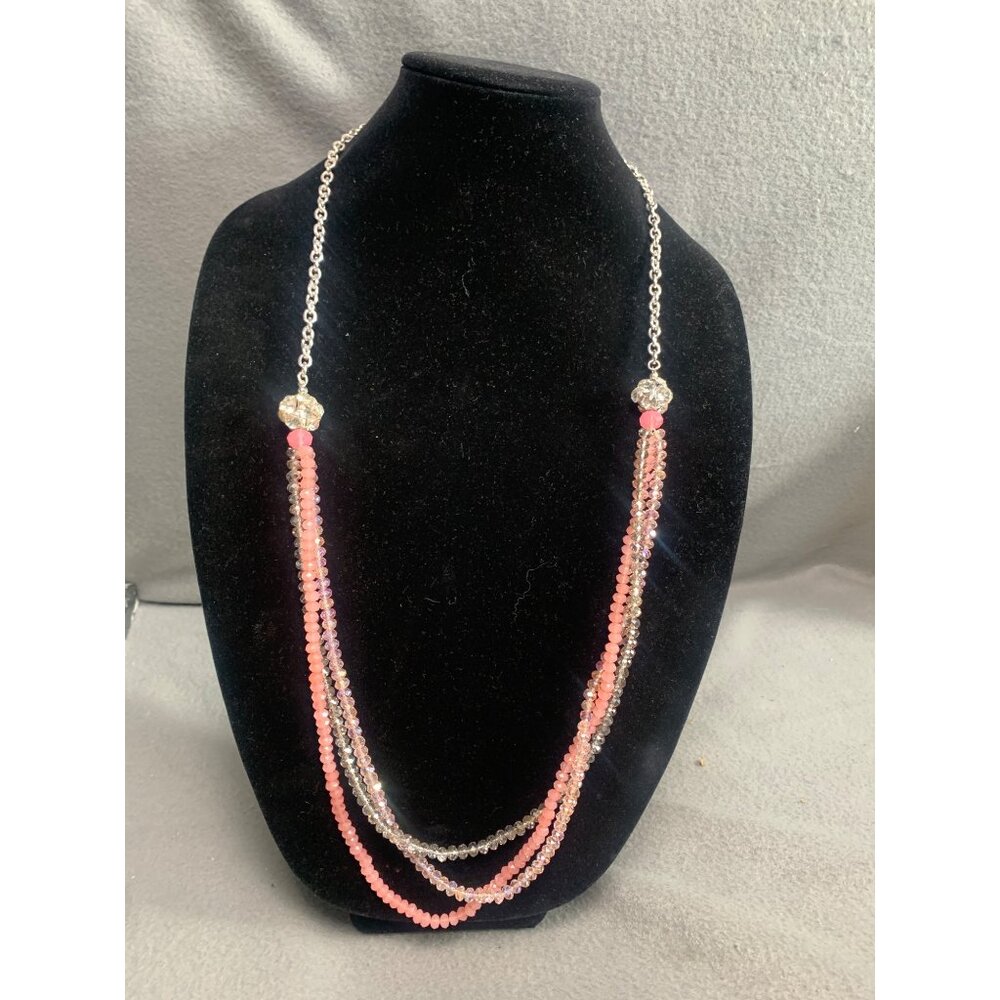 Three-Strand Beaded Necklace with Silver Chain & Crystal Beads 34"